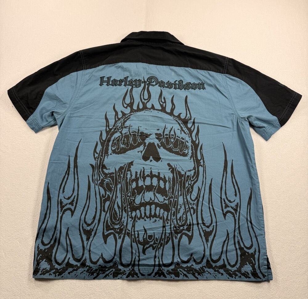 Harley Davidson Shirt Mens Large Skull Flames Mechanic Spellout Workwear Patch